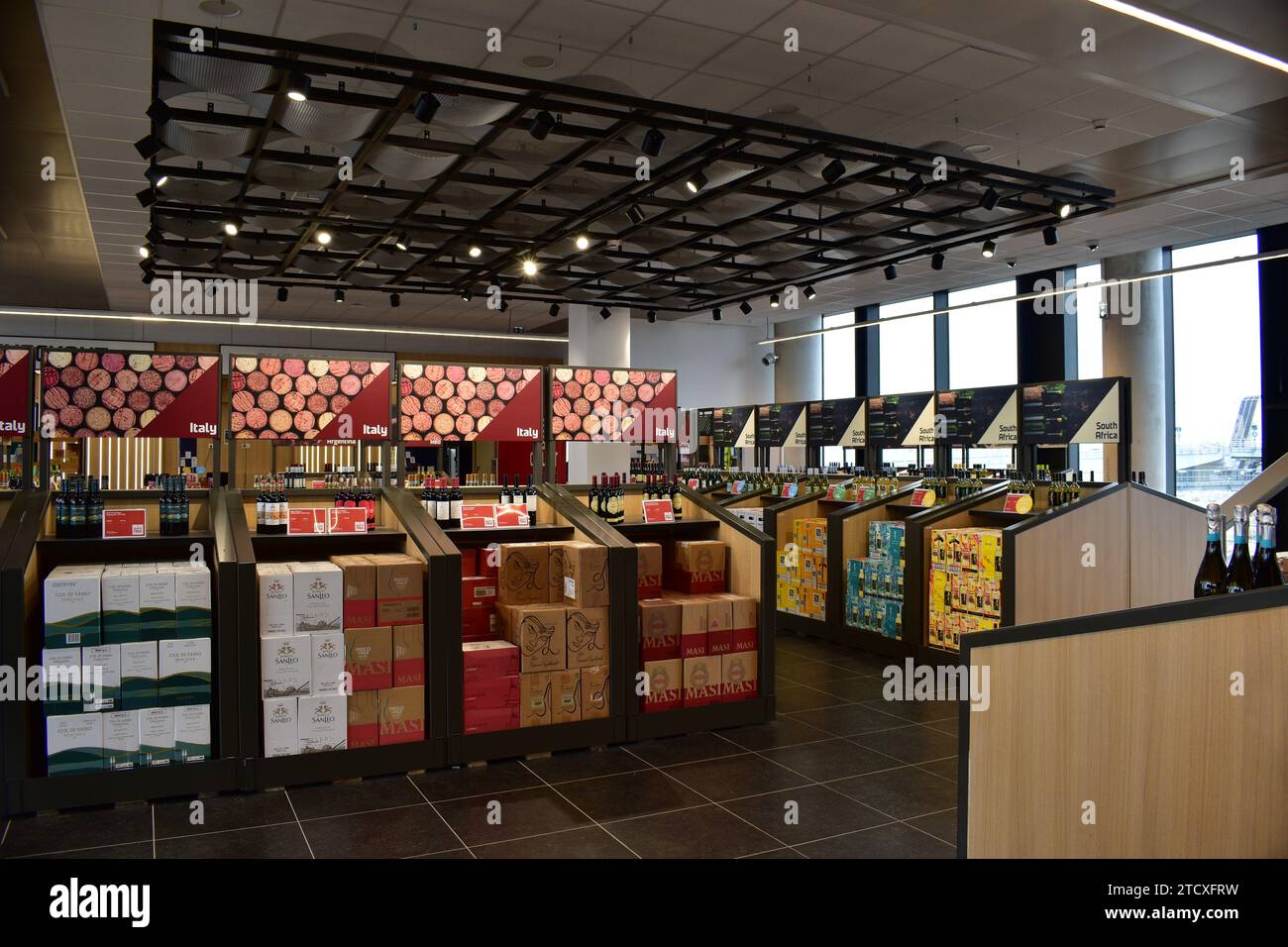 Interior of the Calais Duty Free shop, isles of alcoholic drinks Stock Photo