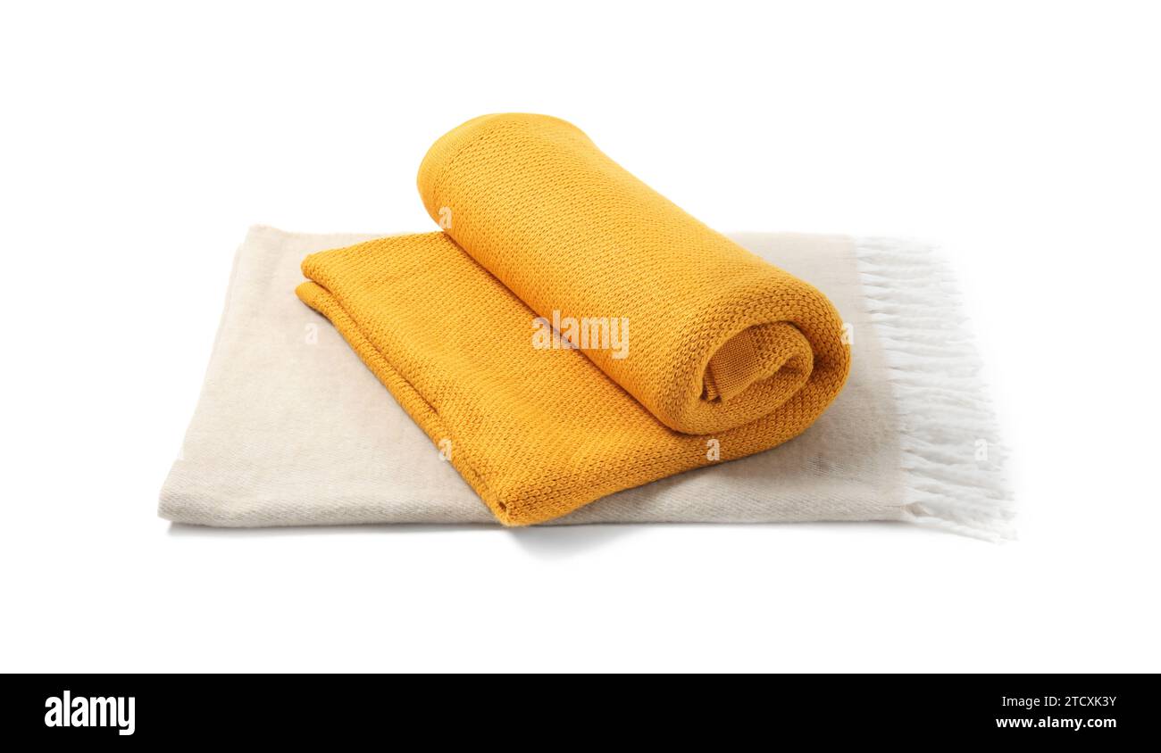 Two soft warm blankets isolated on white Stock Photo