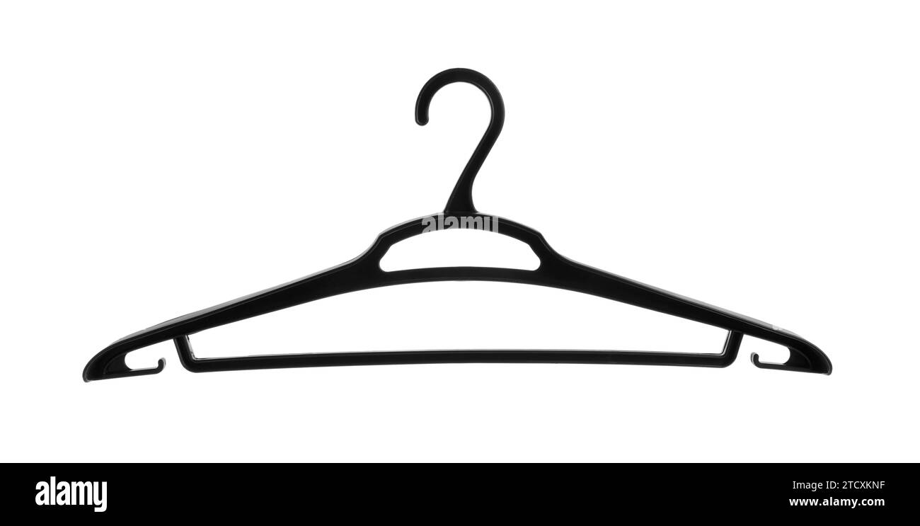 One black plastic hanger isolated on white Stock Photo Alamy