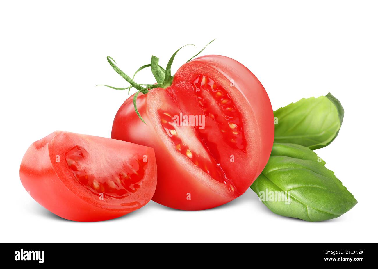 Fresh tomato and basil leaves isolated on white Stock Photo - Alamy