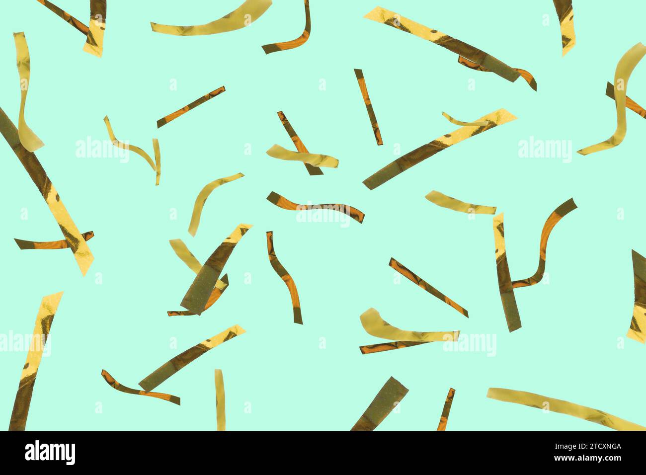 Shiny golden confetti falling on turquoise background Stock Photo - Alamy