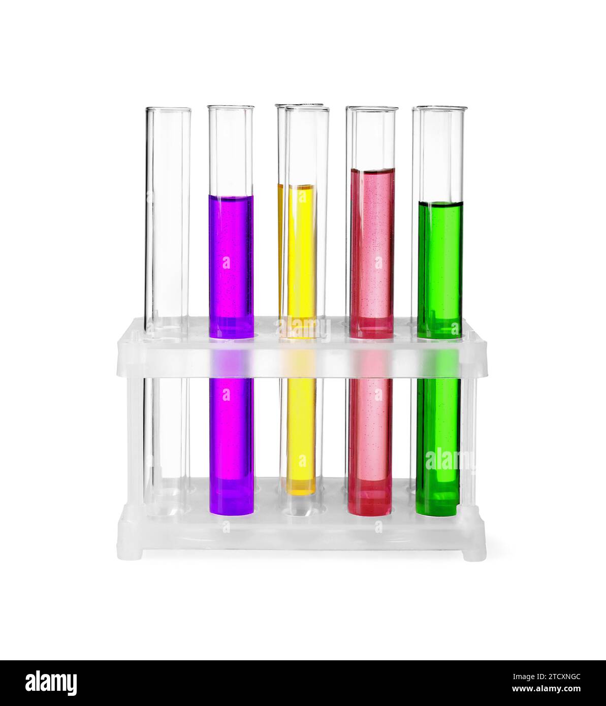 Test tubes with colorful liquids in stand isolated on white Stock Photo ...