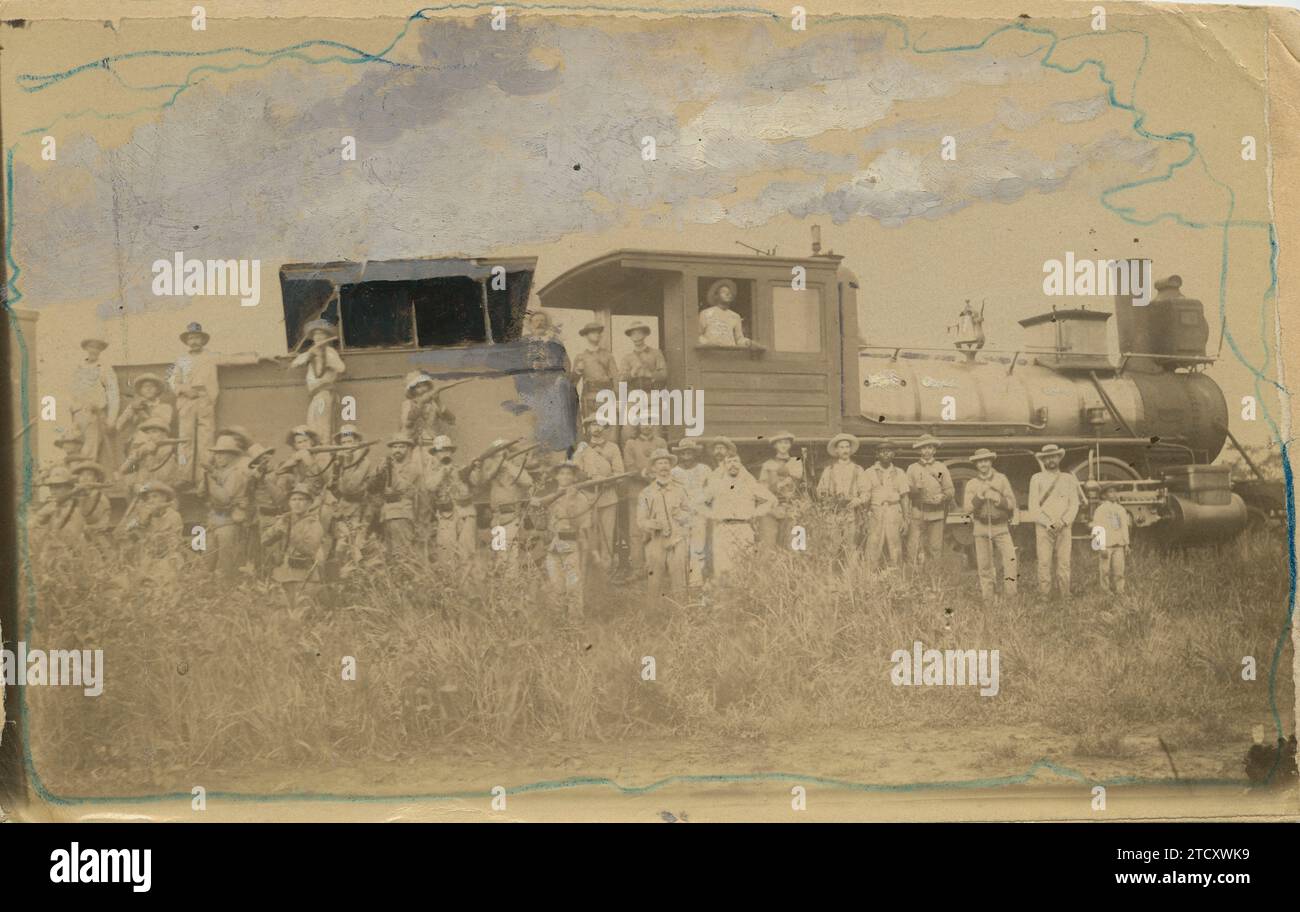 Cuba, 10/25/1895. Cuban War. Spanish soldiers in a defensive position before a train attacked by an insurgent group on the railway line from Caimanera to Guantánamo. Credit: Album / Archivo ABC / Riopelle Stock Photo