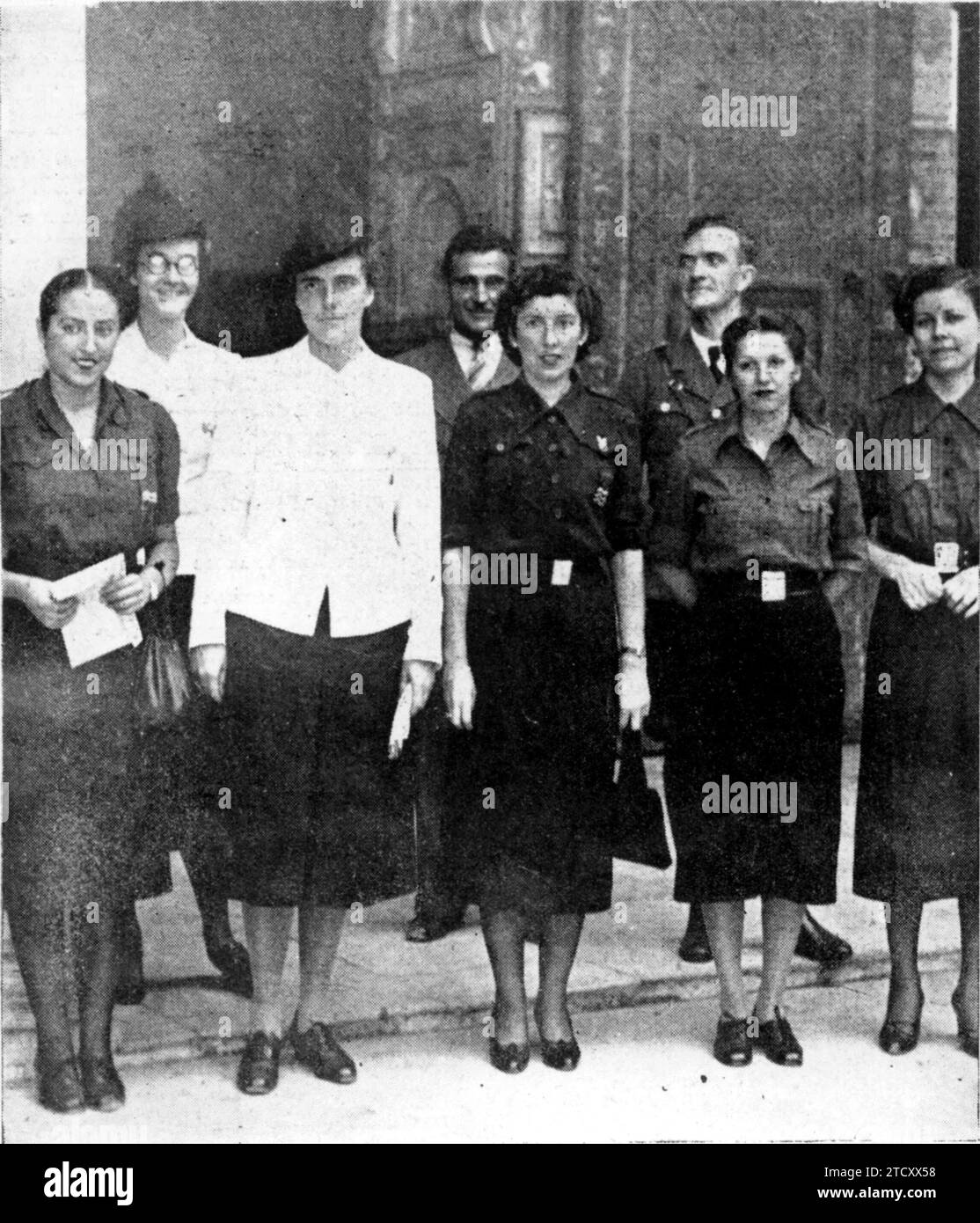 09/30/1938. The national head of the Hitler Youth, Miss Juta Ruetiger, with the Commanders of the Seville phalanx, during her visit to the Alcázar. Credit: Album / Archivo ABC / Serrano Stock Photo