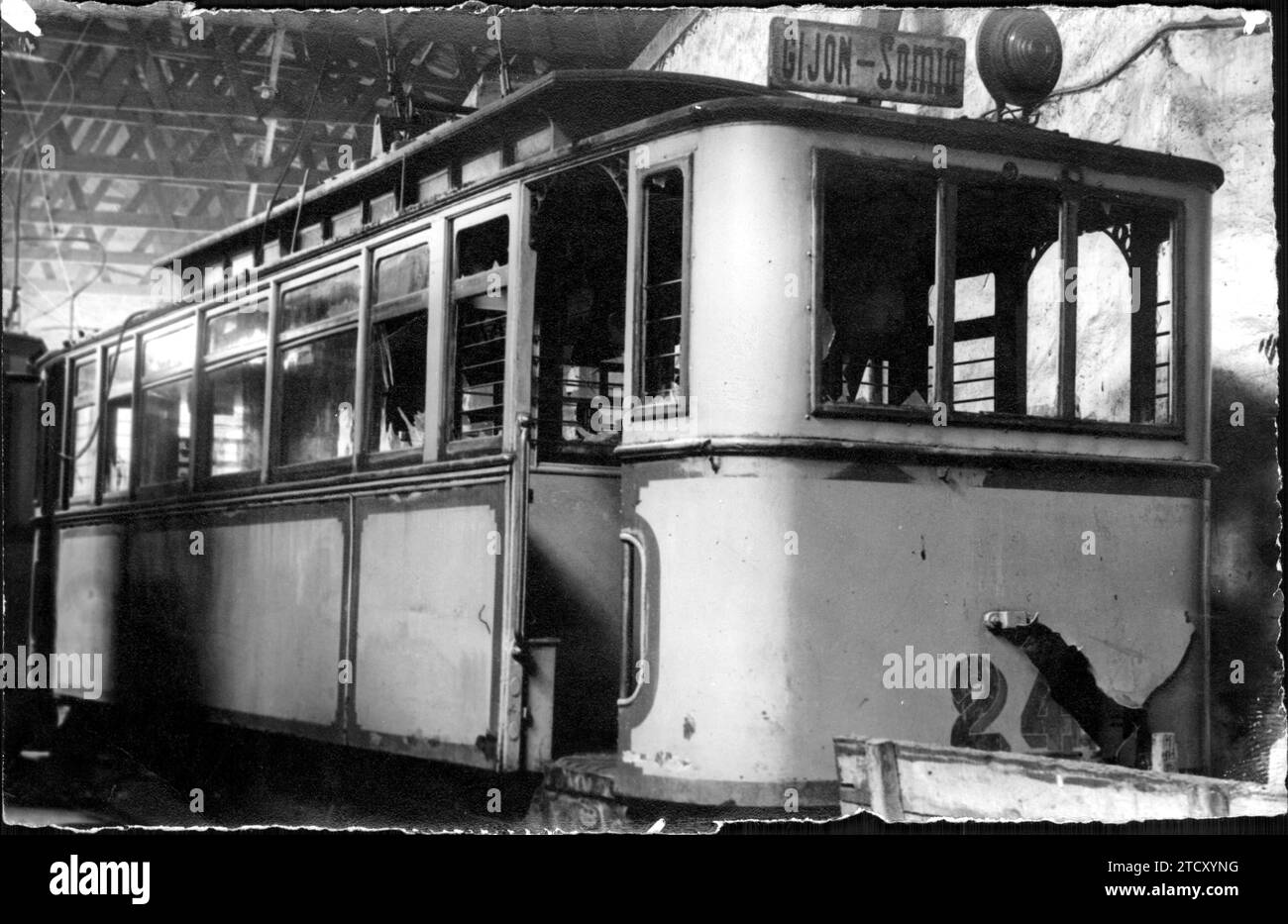 12/10/1933. Tram number 24, which at 8:30 p.m. at night, some Strikers had it evacuated, to set a firecracker on it, destroying all the windows and part of the platform as a consequence. Credit: Album / Archivo ABC / Suárez Stock Photo