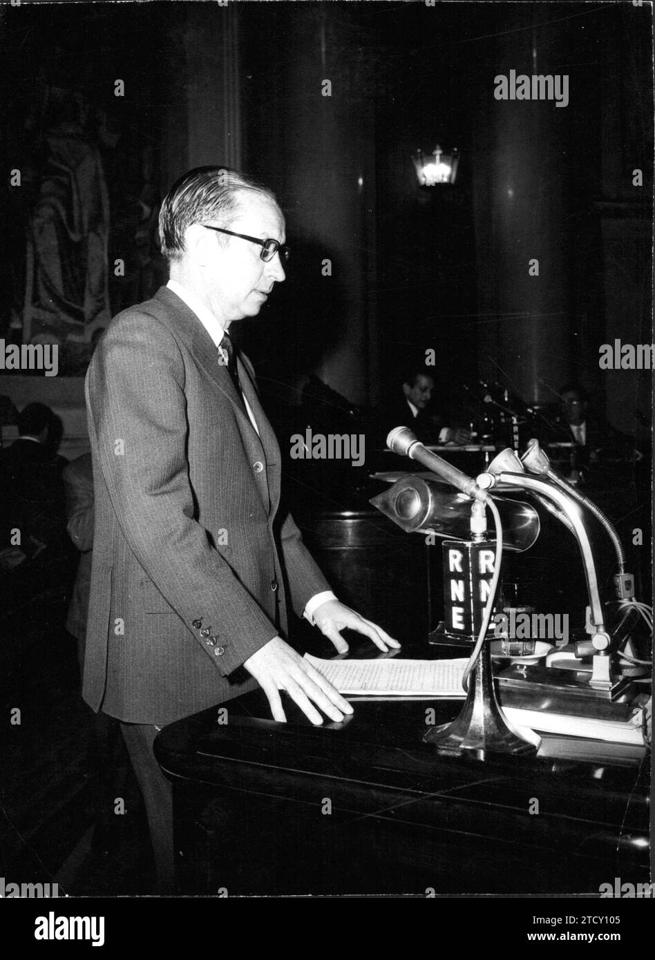 12/14/1969. José Antonio Samaranch during his intervention as speaker during the Plenary session of the national council corresponding to the third Quarter. The draft structure of the general secretariat of the Movement was presented. Credit: Album / Archivo ABC / Teodoro Naranjo Domínguez Stock Photo