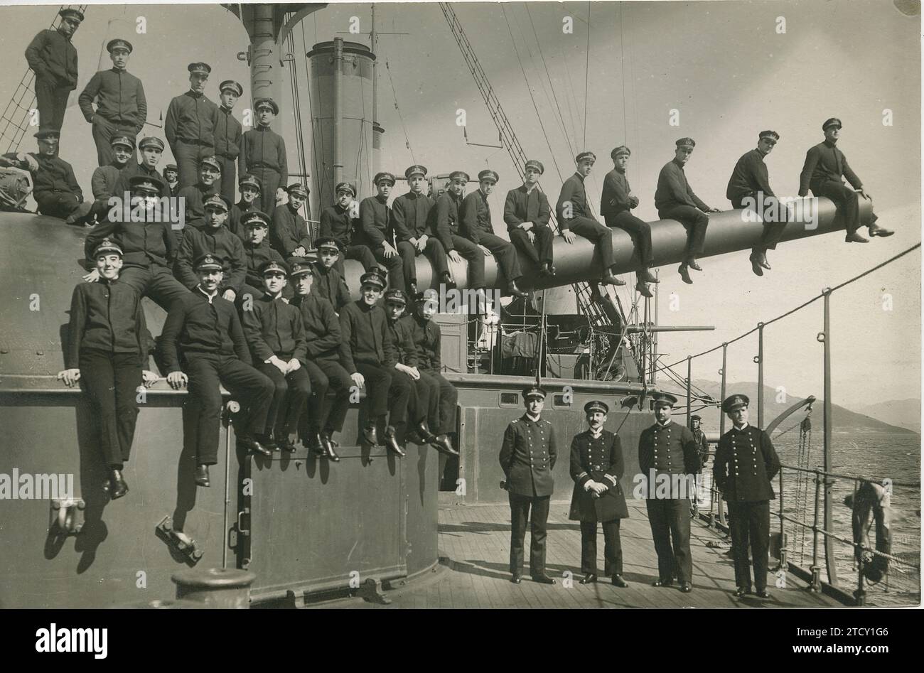 Vigo, June 1919. Aboard the 'Carlos V'. The Marine Guards of the Training Ship with some of the officers. Credit: Album / Archivo ABC / Rodríguez Seco Stock Photo