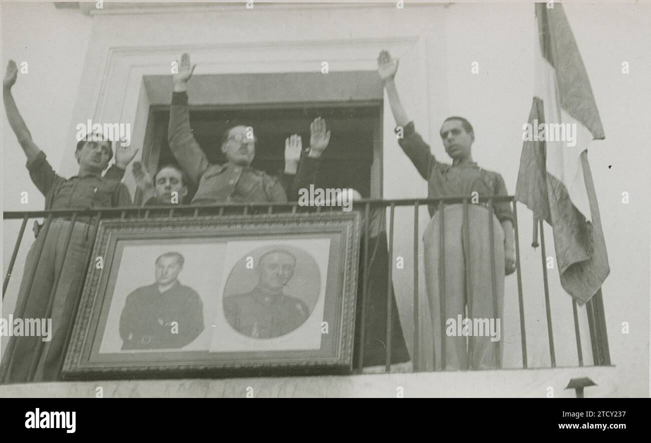 Calasparra (Murcia), March 1939. Spanish Civil War. The portraits of José Antonio Primo de Rivera and Francisco Franco, in the Town Hall, after the liberation of the town by the nationals. Credit: Album / Archivo ABC / Portillo Stock Photo