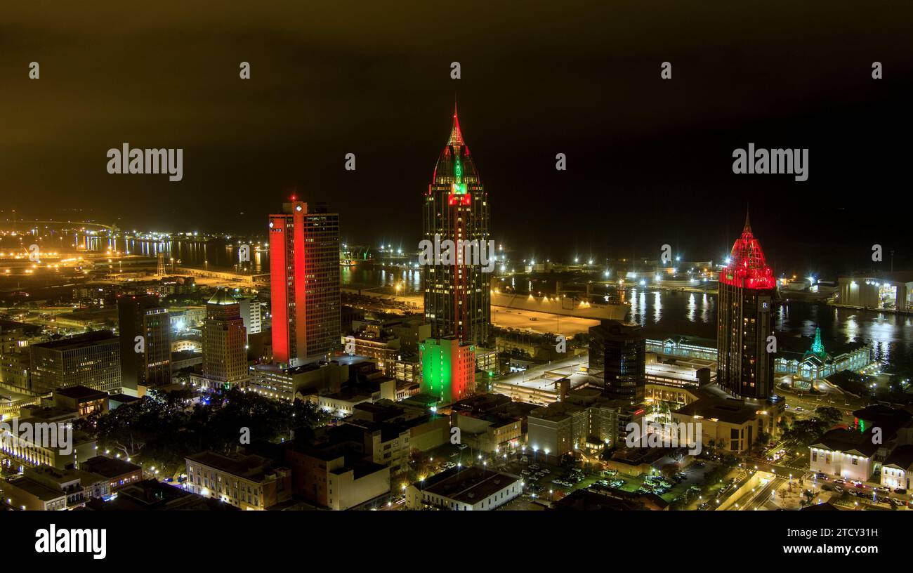 Aerial view of the downtown Mobile, Alabama waterfront skyline