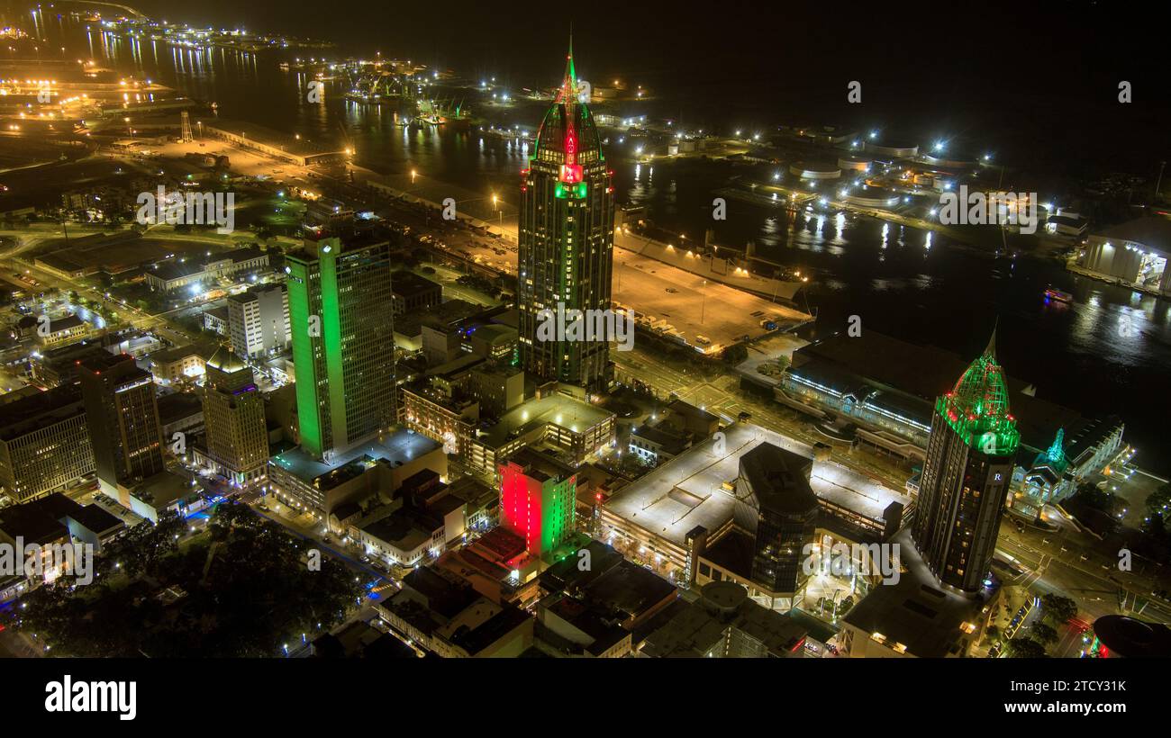 Aerial view of the downtown Mobile, Alabama waterfront skyline