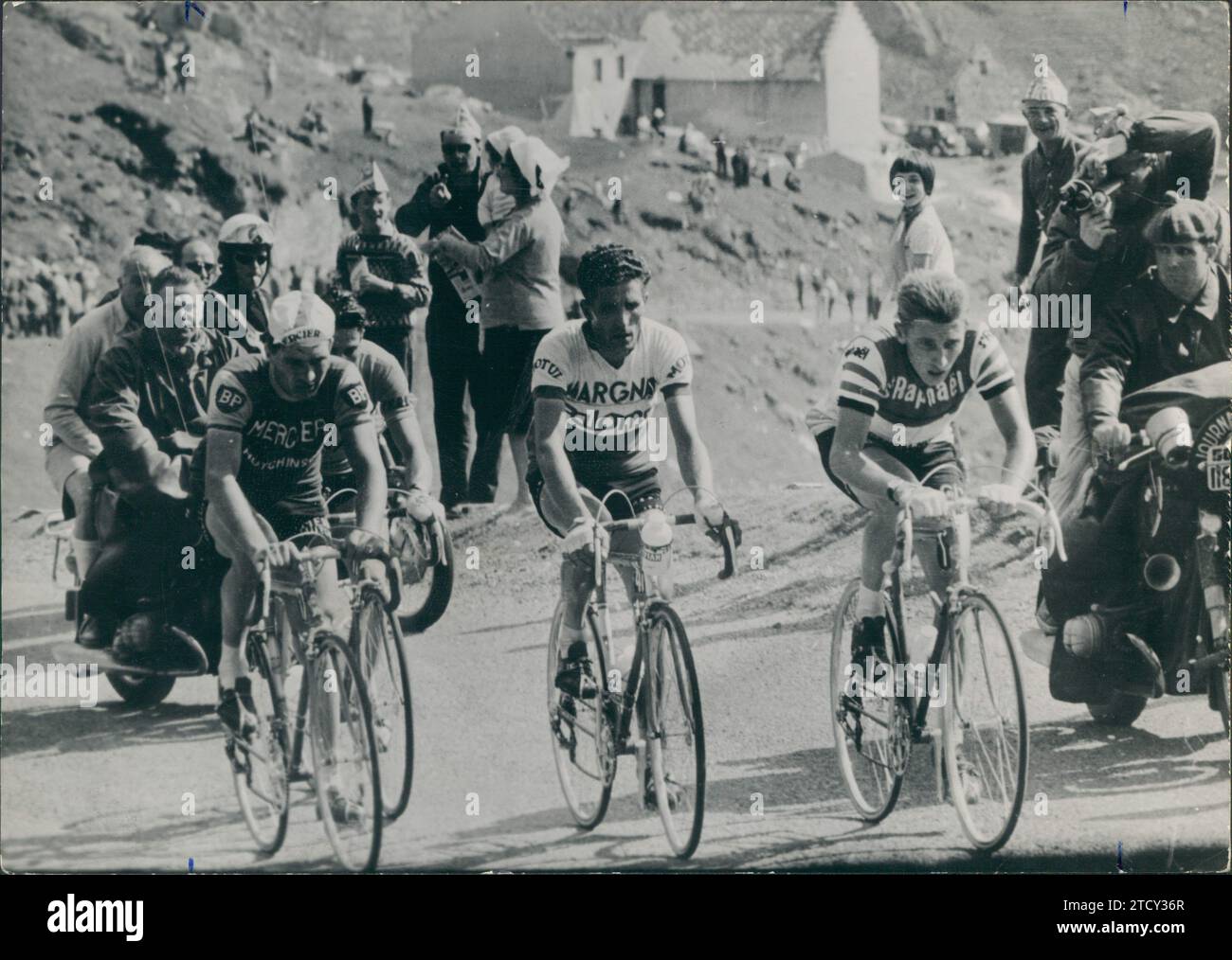 From left to right, Poulidor, Bahamontes and Anquetil. Three legends ascending the Tourmalet in the 1963 Tour de France. Credit: Album / Archivo ABC Stock Photo