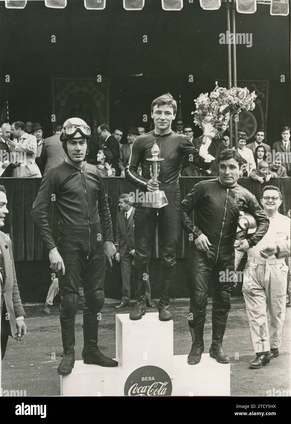 Madrid, May 1969. Ángel Nieto on the podium of the 125 cc race held in Retiro Park, in which he was the winner. Credit: Album / Archivo ABC / Teodoro Naranjo Domínguez Stock Photo