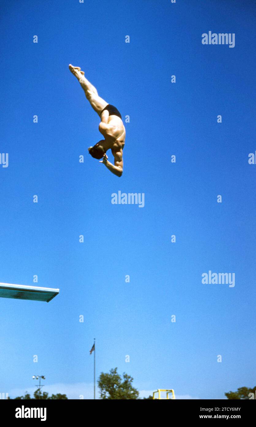 LOS ANGELES, CA - JULY 20:  Gary Tobian of the United States makes his dive during the Senior Men's National A.A.U. Diving Championships on July 20, 1955 in Los Angeles, California.  (Photo by Hy Peskin) *** Local Caption *** Gary Tobian Stock Photo
