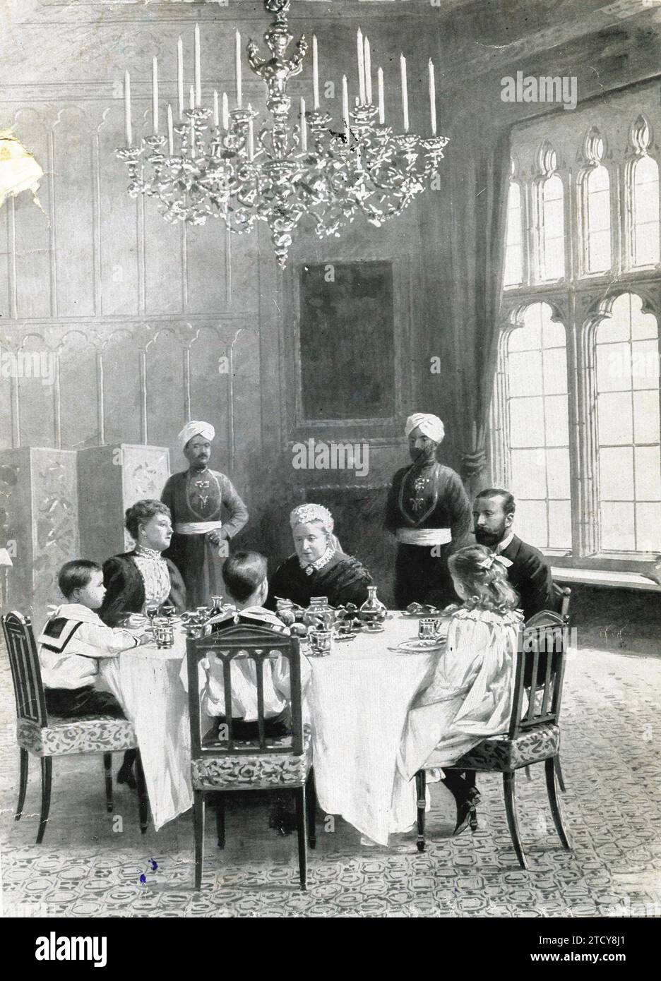 01/01/1870. The image reproduces a meal at Windsor Castle of the Sovereign with her daughter Beatrice and her son-in-law Henry, Princes of Battenberg, and their children, the Marquis of Carisbrooke, Queen Victoria Eugenie of Spain and Lord Leopold Mountbatten. Credit: Album / Archivo ABC Stock Photo