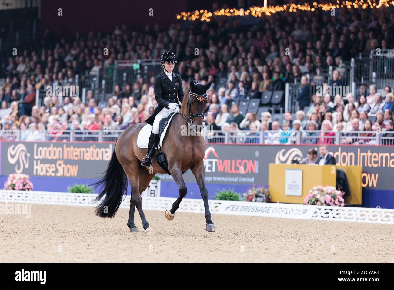 Grete Ayache of Estonia with Vertigo during the FEI Dressage World Cup Freestyle at the London International Horse Show on December 14, 2023, London Excel Centre, United Kingdom (Photo by Maxime David - MXIMD Pictures) Stock Photo