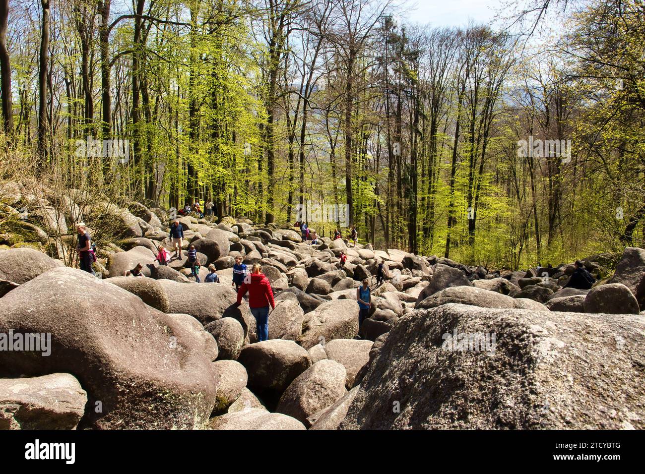 Lautertal, Germany - April 24, 2021: People climbing up and down rocks on a hill surrounded by green trees on a spring day at Felsenmeer in Germany. Stock Photo