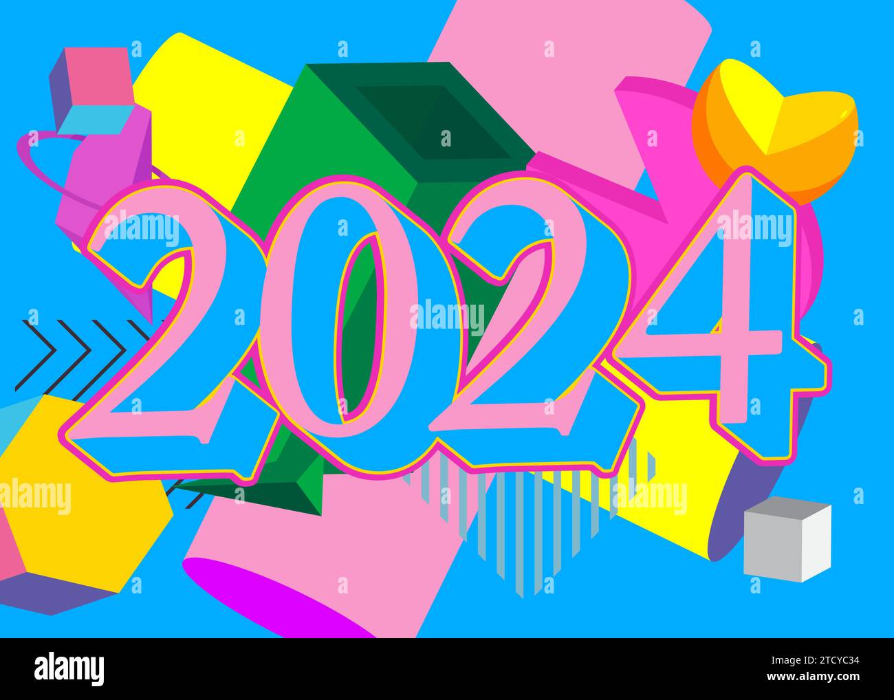 The number 2024 on geometrical graphic retro theme background. Minimal