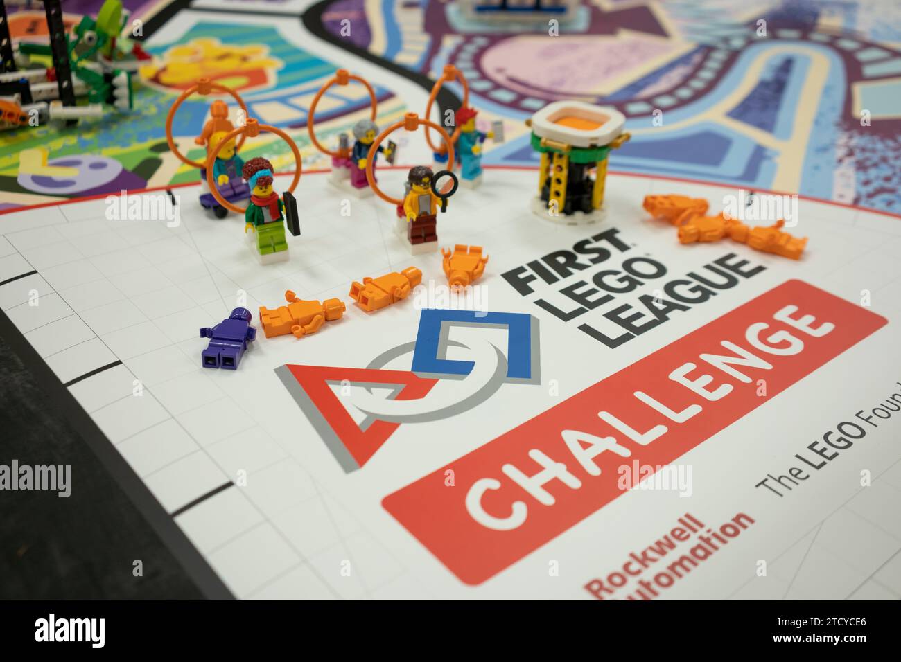 Closeup of a FIRST LEGO League (FLL) competition field seen at a FLL regional competition in Salem, Oregon, on Saturday, December 2, 2023. Stock Photo