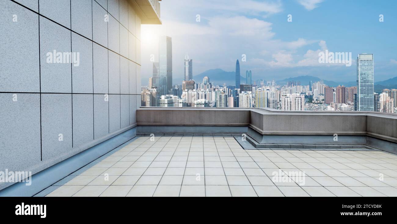 Empty platform against shenzhen city skyline, China Stock Photo