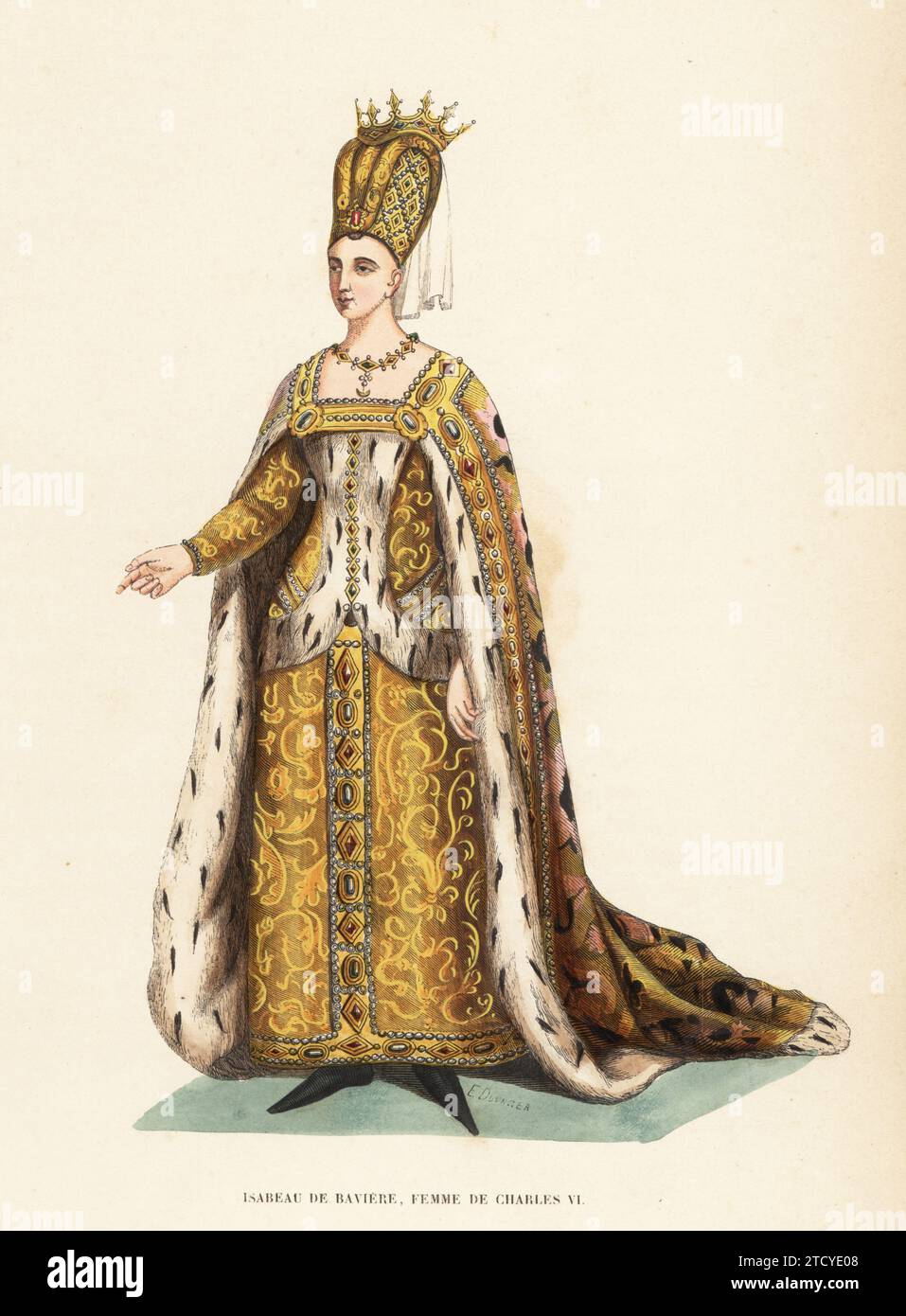 Isabeau of Bavaria, Queen of France as wife to King Charles VI, c. 1370-1435. In her wedding costume of tall bonnet with crown and veil, ermine-lined gold mantle and robe. Isabeau de Baviere, Femme de Charles VI. Handcoloured woodcut engraving by Evrard Duverger after Louis Marie Lante from Jacques Joseph van Beveren’s Costume du Moyen Age, Medieval Costume, Librairie Historique-Artistique, Brussels, 1847. Stock Photo