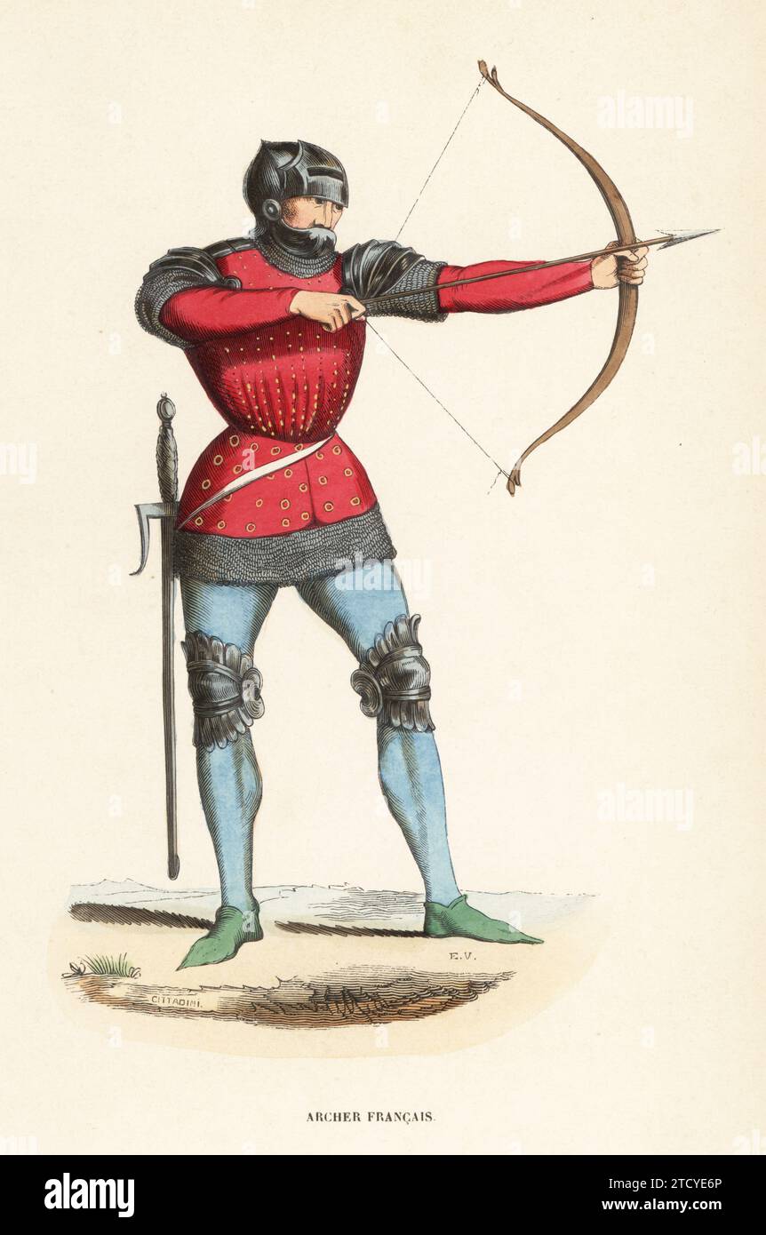 French bowman, 15th century. In a sallet helmet with visor, doublet or jaque, chainmail hauberk, plate armour for the shoulders and knees. Armed with bow and sword. From a miniature in Froissart's Chroniques in the Bibliotheque royale de Paris. Archer Francais, XVe siecle. Handcoloured woodcut engraving by Cittadini and EV from Jacques Joseph van Beveren’s Costume du Moyen Age, Medieval Costume, Librairie Historique-Artistique, Brussels, 1847. Stock Photo