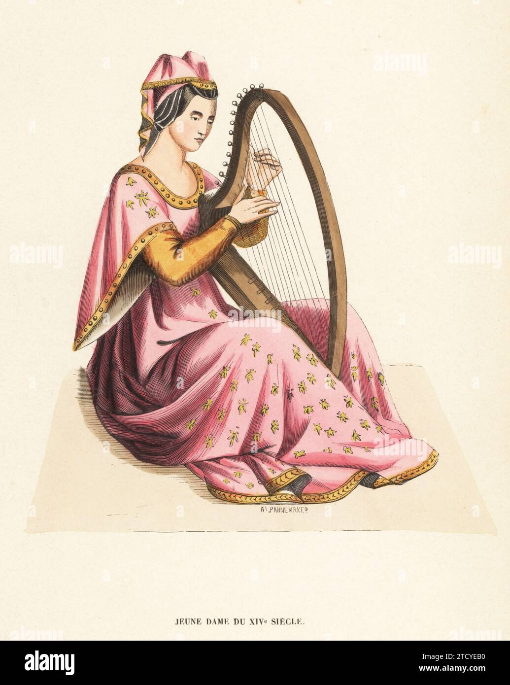 Young woman playing a harp, 14th century. In headdress of black velvet with pink veil, pink robe with pendant sleeves, lined with ermine. From a painting by Andrea Vanni. Jeune dame du XIVe Siecle. Handcoloured woodcut engraving by At. Pannemaker from Jacques Joseph van Beveren’s Costume du Moyen Age, Medieval Costume, Librairie Historique-Artistique, Brussels, 1847. Stock Photo