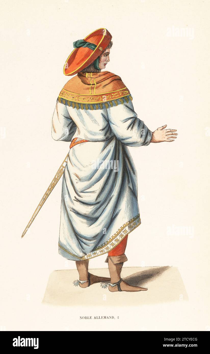 German nobleman, 15th century. In red hat with green ribbon, gold-embroidered capelet and robe, boots with silver spurs, court sword. From a fresco of Eleanora of Portugal and Frederick III by Pinturicchio in the Piccolomini library, Siena. Noble Allemand, XVe siecle. Handcoloured woodcut engraving from Jacques Joseph van Beveren’s Costume du Moyen Age, Medieval Costume, Librairie Historique-Artistique, Brussels, 1847. Stock Photo