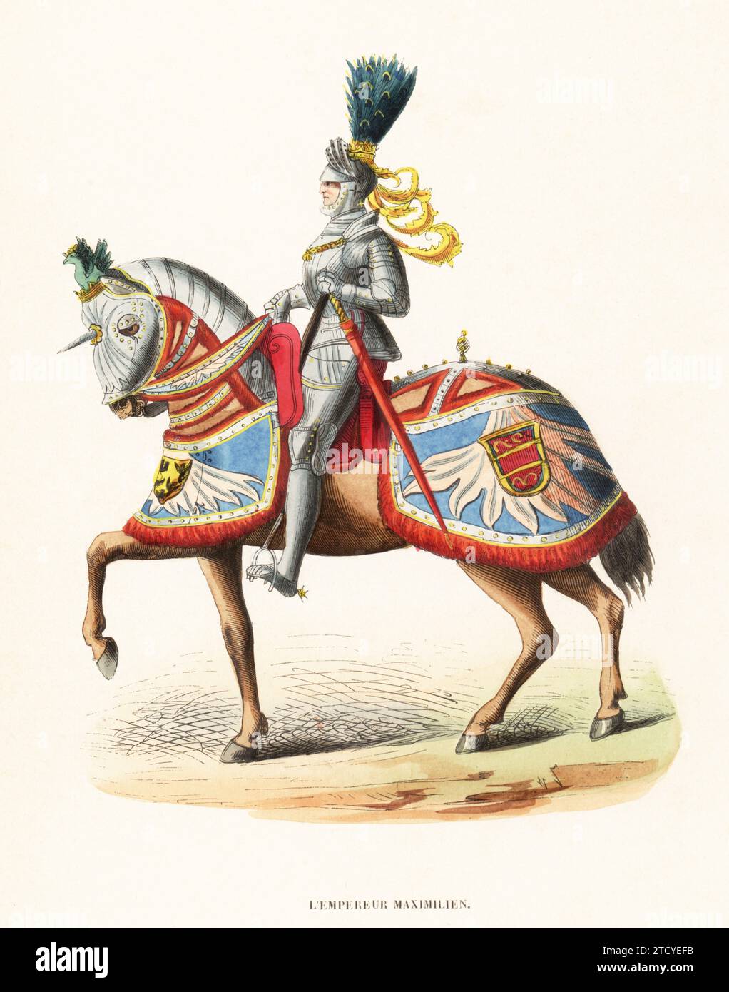 Maximilian I, King of the Romans and Holy Roman Emperor, 1459-1519. In suit of plate armour, helmet with peafowl plumes and ribbons, sword in scarlet scabbard. On horse in barding with armorial caparison. From a woodcut by Hans Burgkmair.  L'Empereur Maximilien, XVe siecle. Handcoloured woodcut engraving from Jacques Joseph van Beveren’s Costume du Moyen Age, Medieval Costume, Librairie Historique-Artistique, Brussels, 1847. Stock Photo