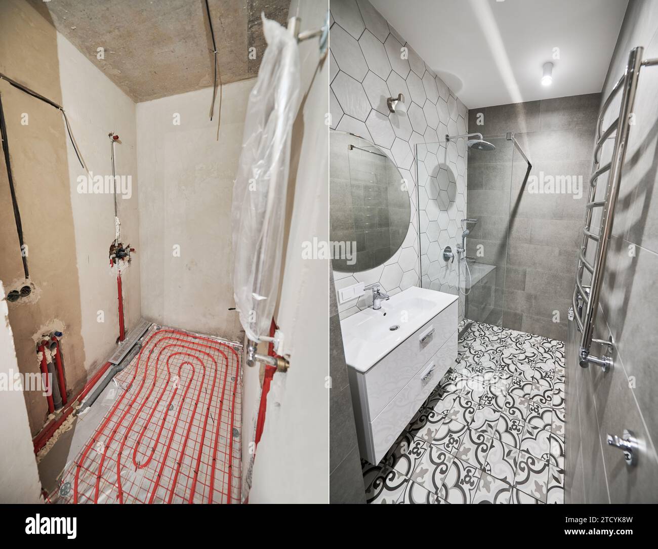 Photo collage of apartment bathroom before and after restoration. Comparison of old room with underfloor heating pipes and new renovated restroom with sink, shower, mirror and towel dryer. Stock Photo
