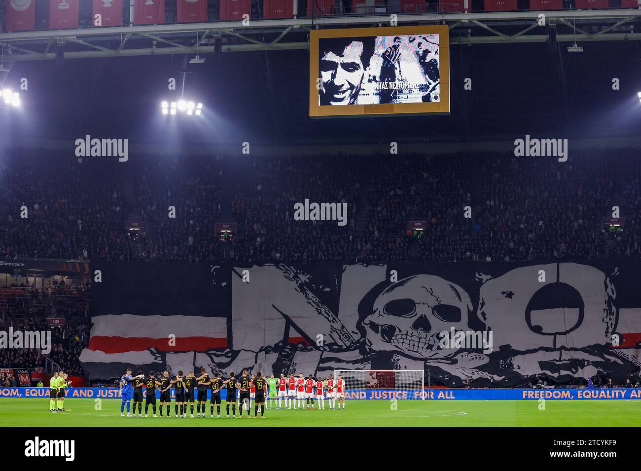 AMSTERDAM, NETHERLANDS - DECEMBER 14: one minute of silence before the match  during the Group B - UEFA Europa League 2023/24 match of AFC Ajax and AE Stock Photo