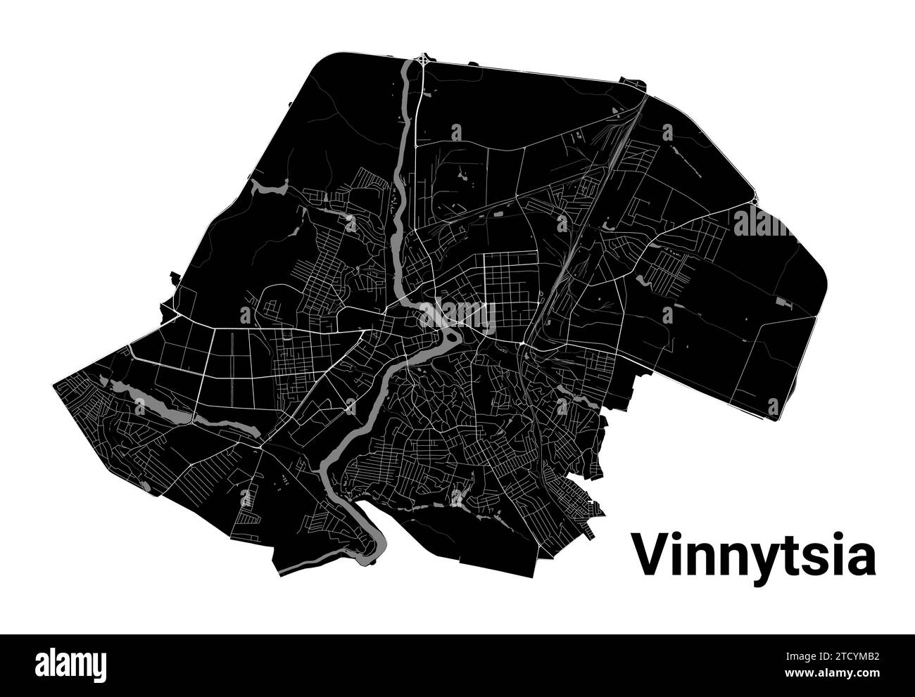 Vinnytsia city map, Ukraine. Municipal administrative borders, black and white area map with rivers and roads, parks and railways. Vector illustration Stock Vector