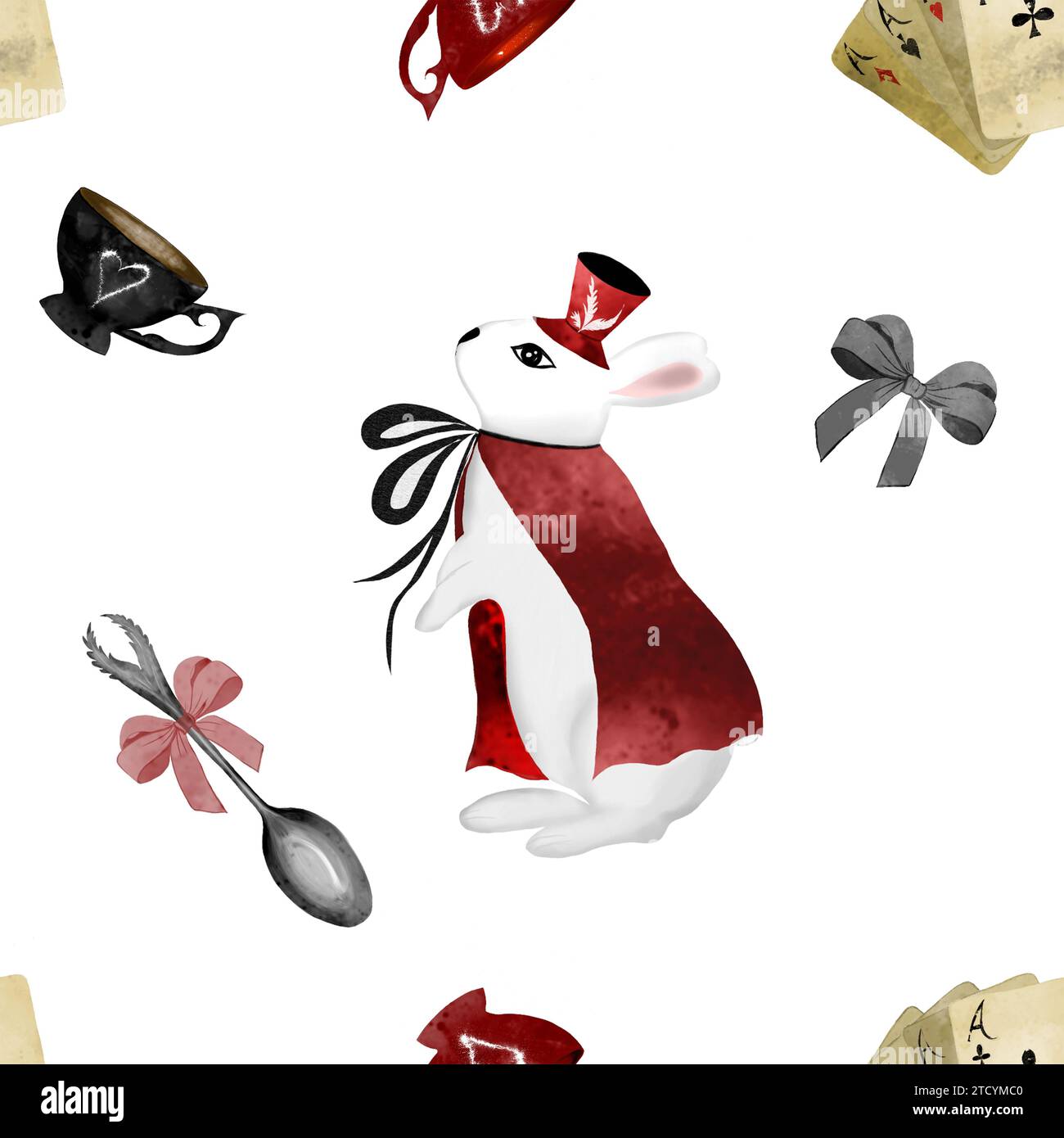 Watercolor pattern on the theme of Alice in Wonderland. White rabbit with a cup, spoon and cards. Elegant design for printing on textiles and wrapping Stock Photo
