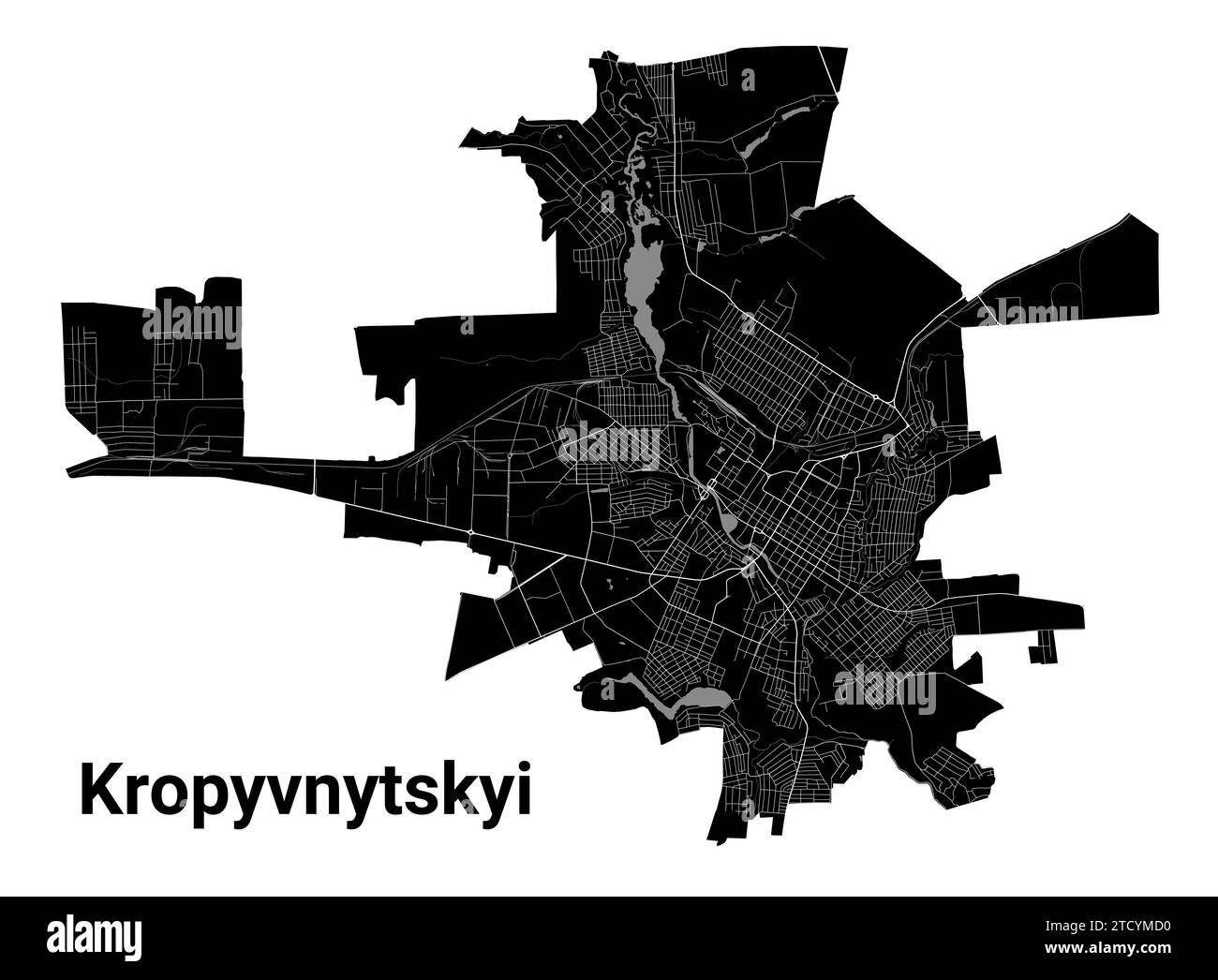 Kropyvnytskyi city map, Ukraine. Municipal administrative borders, black and white area map with rivers and roads, parks and railways. Vector illustra Stock Vector