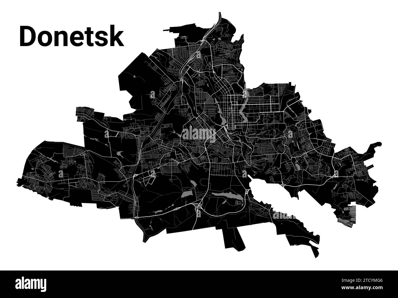 Donetsk City Map, Ukraine. Municipal Administrative Borders, Black And 