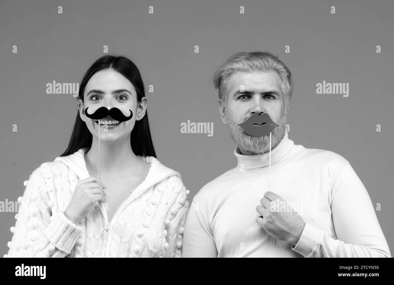 Gender, equality diversity concept. Male female portrait. Transgender gender identity, equality and human rights. Funny couple of woman with moustache Stock Photo