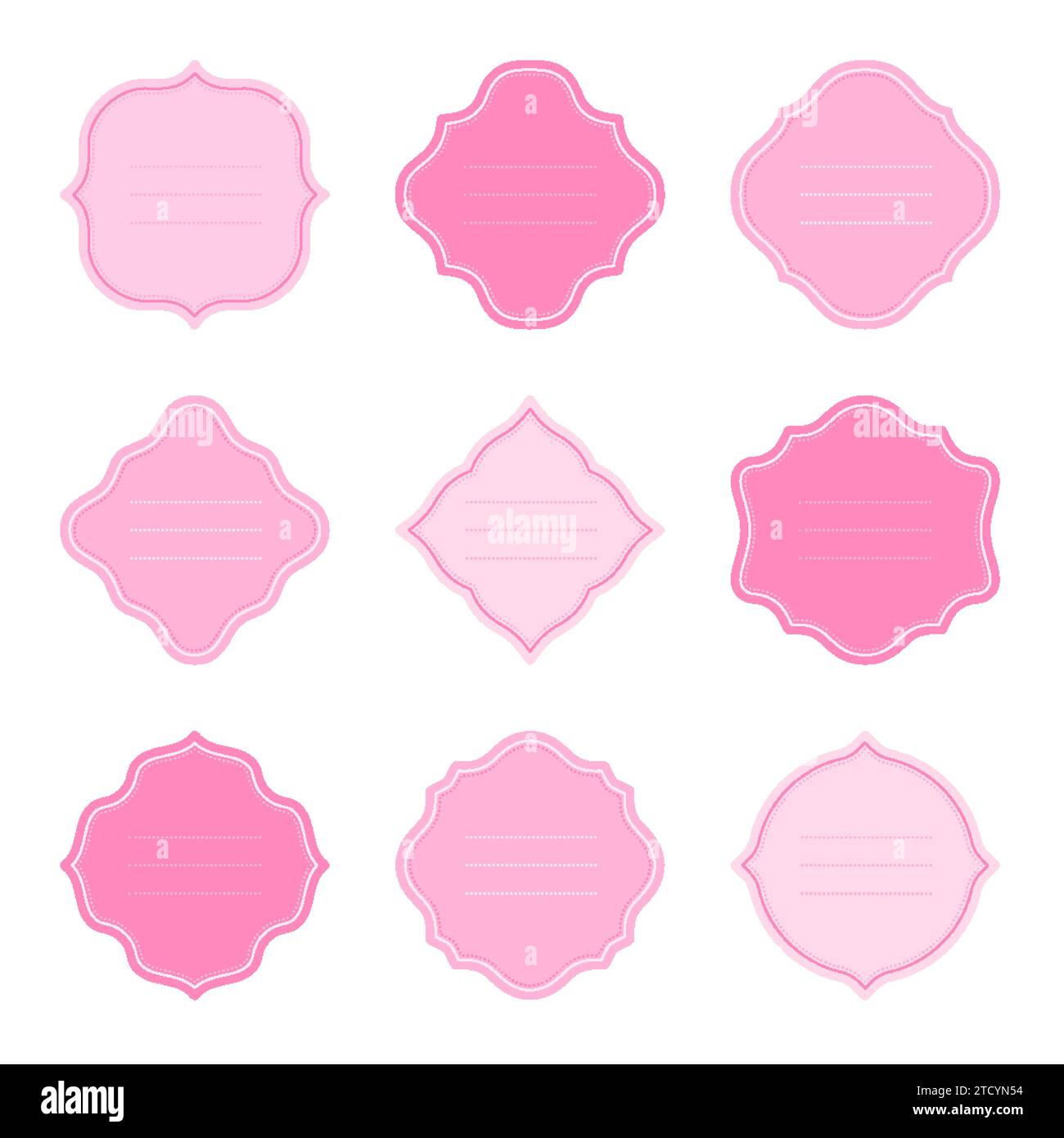 Frame label tag sticker shape cute pink flat set. Romantic elegant wedding holiday sweetheart paper price tag stamp name card gift label insignia invitation sale ornate retro print seal isolated Stock Vector