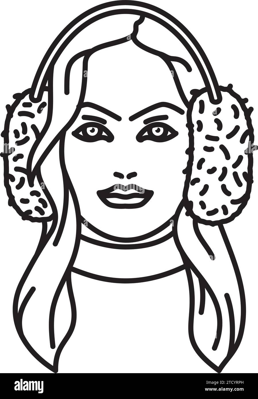 Beautiful young woman portrait with earmuffs vector line icon for
