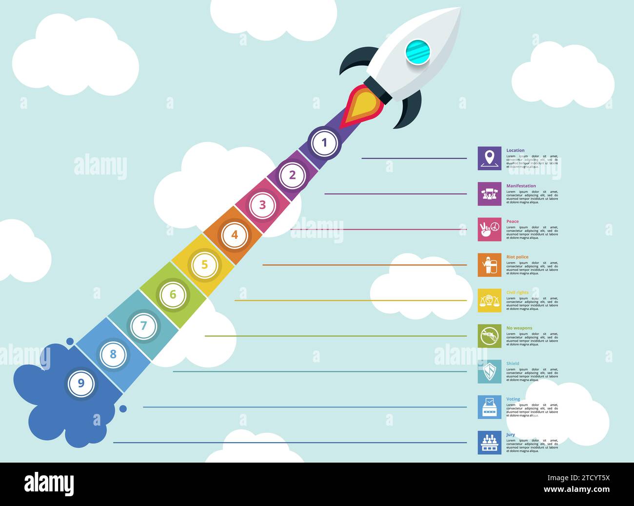 Infographics with Civil Rights theme icons, 10 steps. Such as location ...