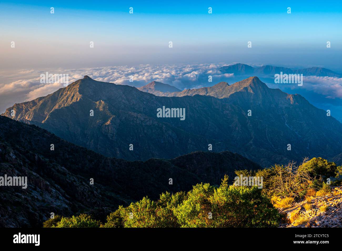 Colorful landscape background at sunrise in the Asir Mountains in Saudi Arabia. Stock Photo