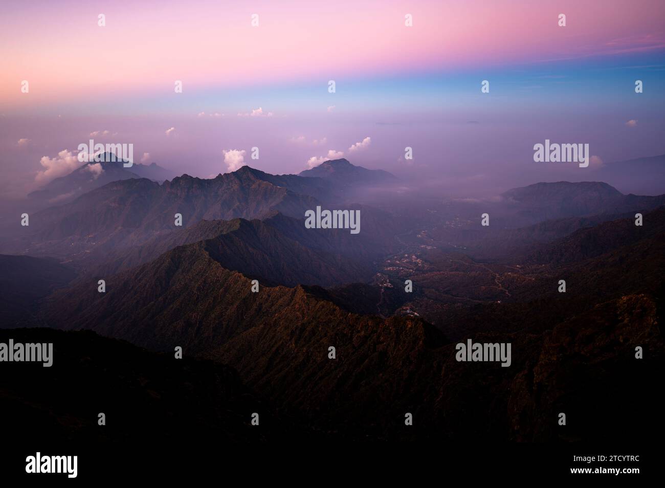 Dramatic and picturesque mountain landscape. Sunrise from Jabal Mareer. The Sarawat Mountains, Saudi Arabia. Stock Photo