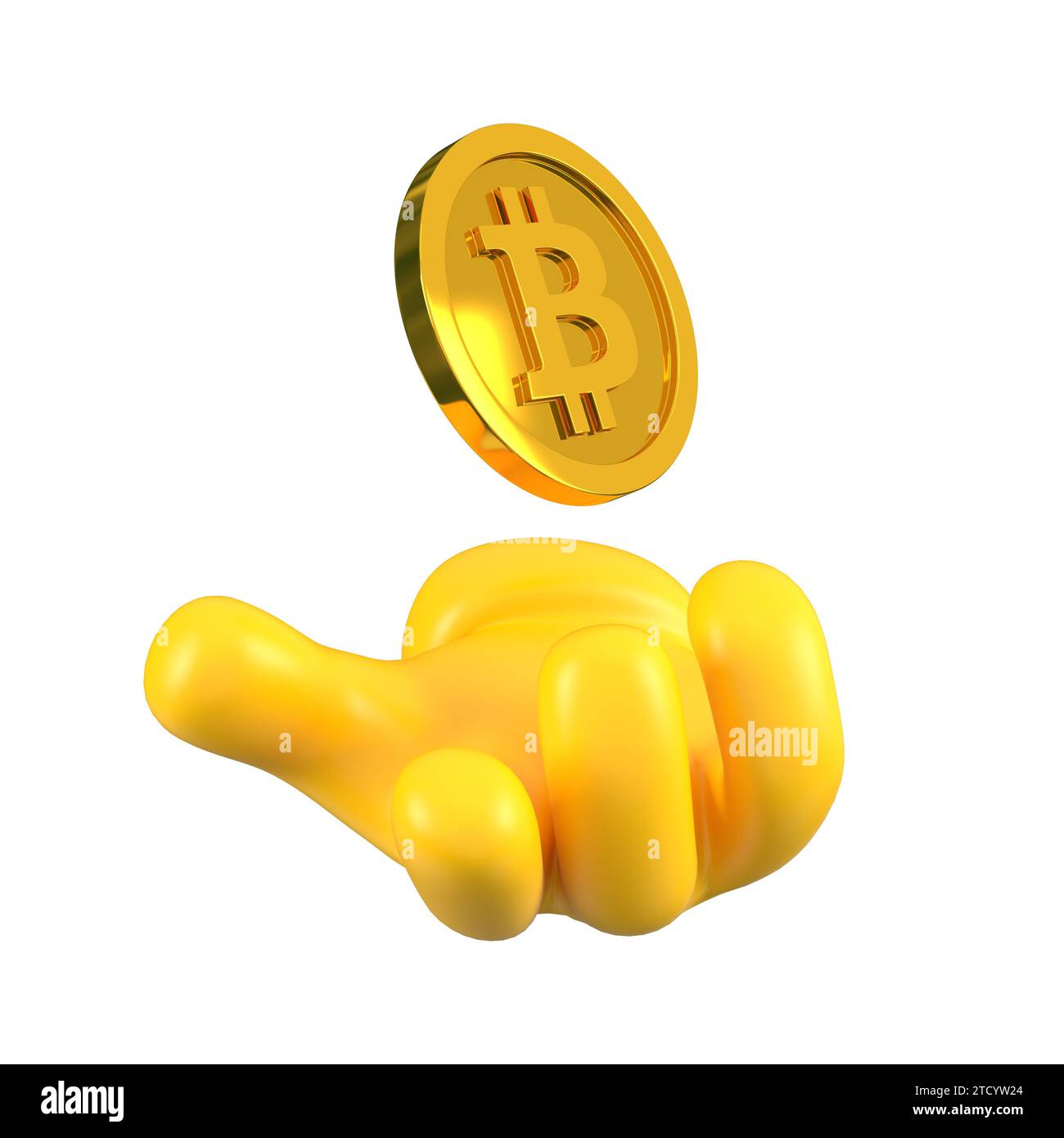 Character yellow golden bitcoin falls into the hand. Digital payment and shopping concept Stock Photo