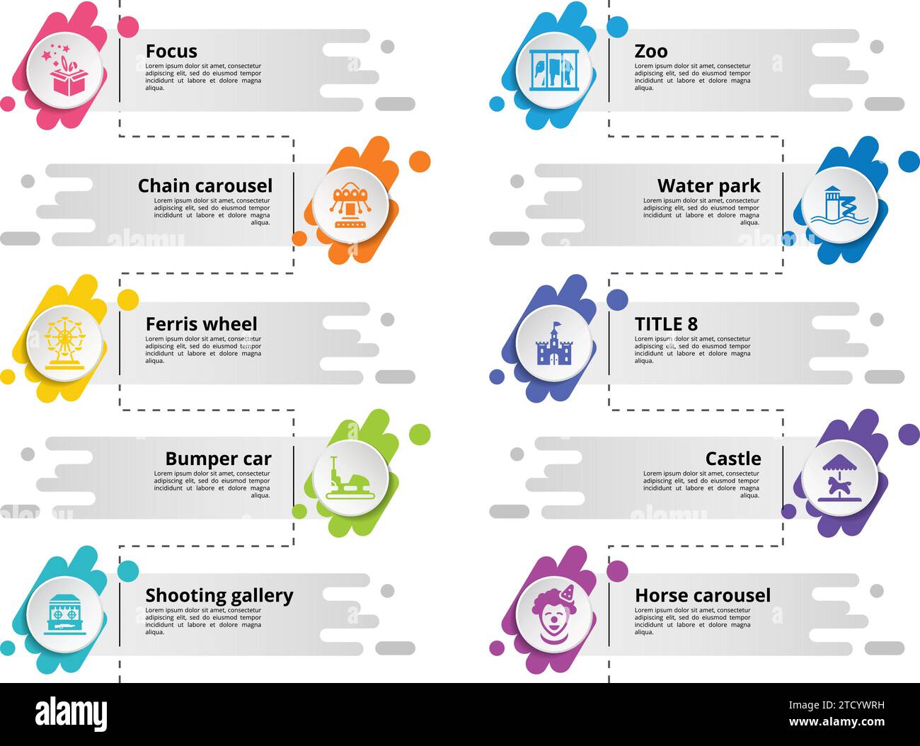 Infographics with Amusment Park theme icons, 10 steps. Such as focus ...
