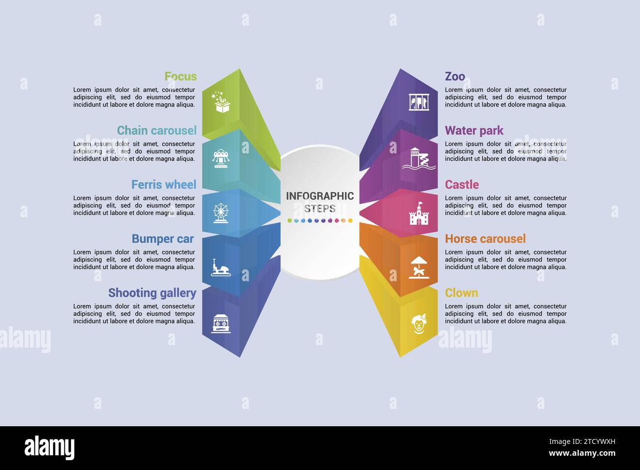 Infographics with Amusment Park theme icons, 10 steps. Such as focus ...