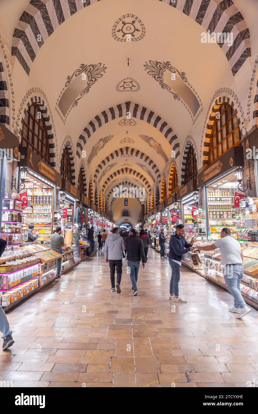 Istanbul, Turkiye- March 7, 2023: The ancient Spice Bazaar, Misir Carsisi, one of the most significant tourstic attractions located in Eminonu, Istanb Stock Photo