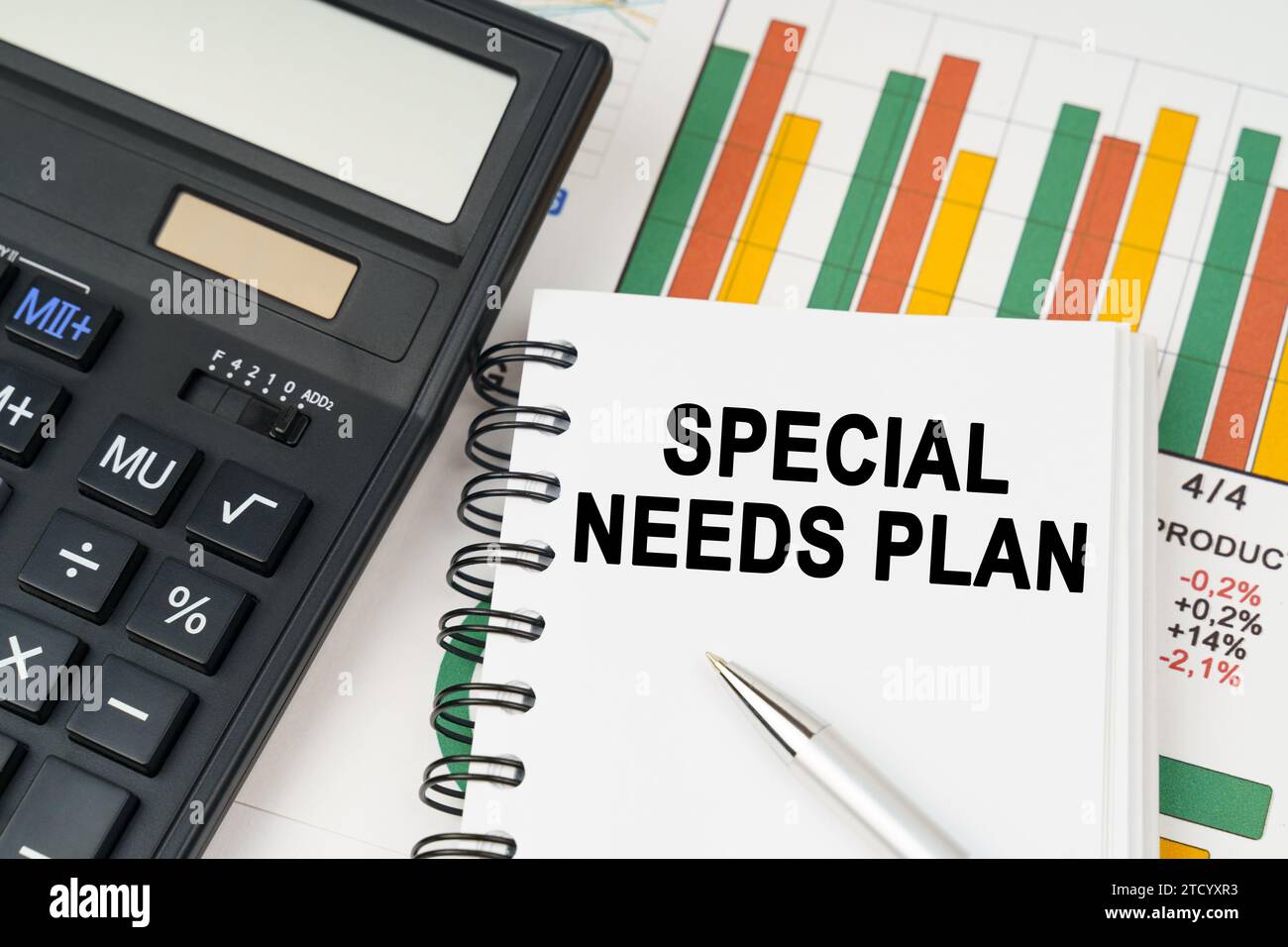 Business concept. On business charts there is a calculator, a pen and a notepad with the