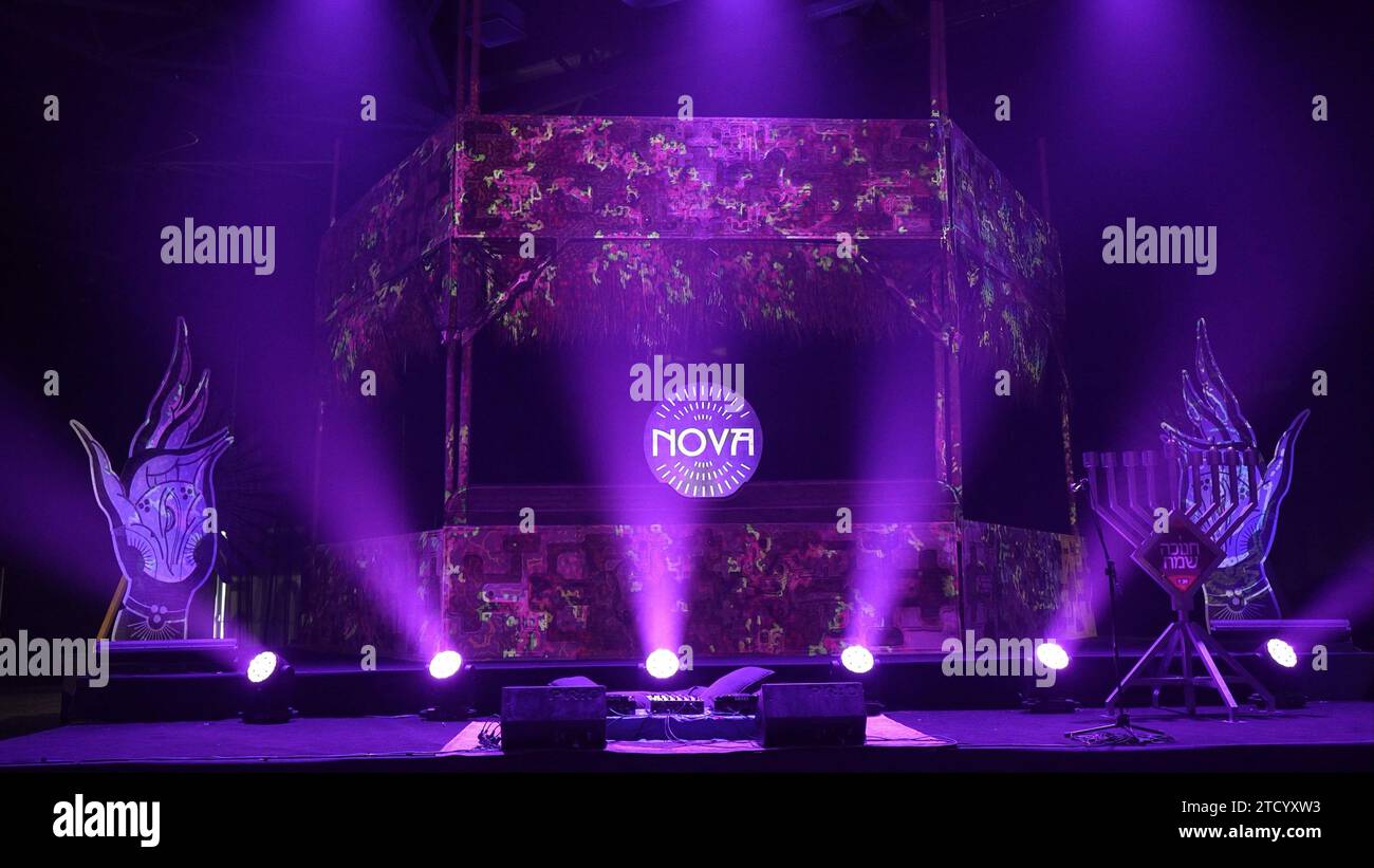 A recreation of the main stage of the Supernova festival is displayed in a temporary exhibition titled '06:29' the time Hamas launched its mass invasion on October 7 and which reveals the devastation left behind by Hamas in the wake of the Nova Festival massacre that claimed the lives of 364 Israeli festival goers on December 10, 2023 in Tel Aviv, Israel. Stock Photo