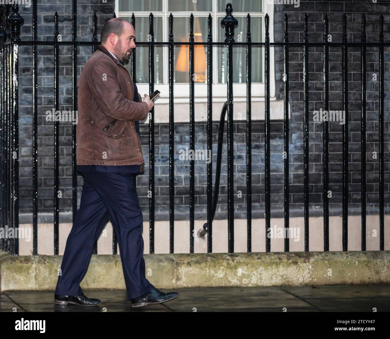 Downing Street, London, UK, 14th Dec 2023. Richard Holden, Chairman of the Conservative Party, British politician, exits No 10 and walks in Downing Street, Westminster this evening. Credit: Imageplotter/Alamy Live News Stock Photo