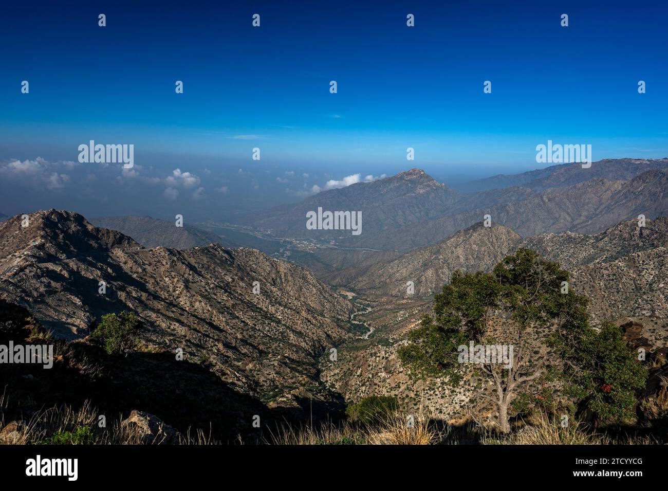 Dramatic and picturesque mountain landscape. Early morning in the Sarawat Mountains, Saudi Arabia. Stock Photo