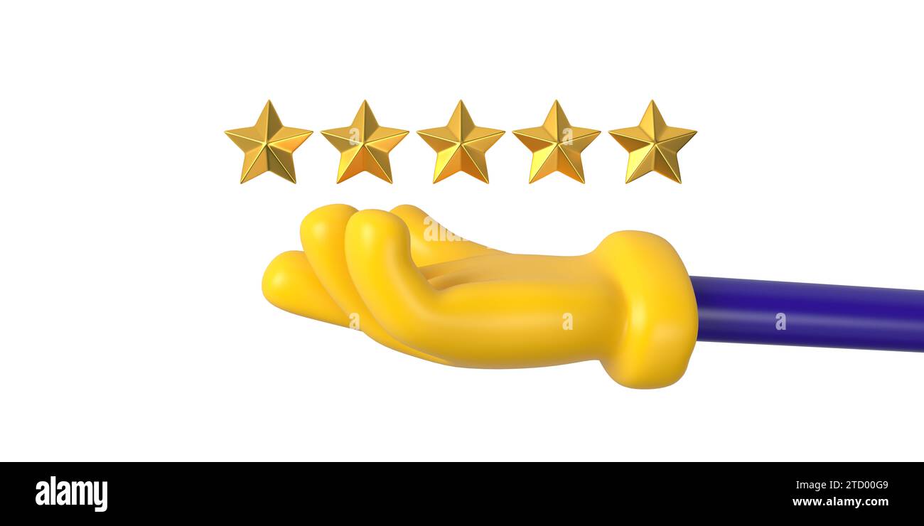 Yellow emoji hand taking or giving stars. Isolated five star rating. Feedback or evaluation mark