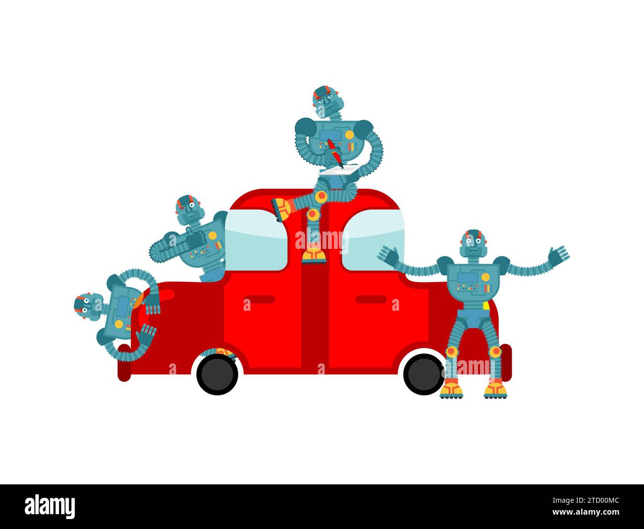 Mini robot Car mechanic and car. Nanorobots and auto. Car service of  future concept. Technologies of future in automobile Stock Vector